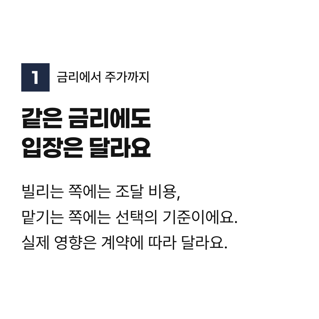 같은 금리에도 입장은 달라요. 빌리는 쪽에는 조달 비용, 맡기는 쪽에는 선택의 기준이에요. 실제 영향은 계약에 따라 달라요.