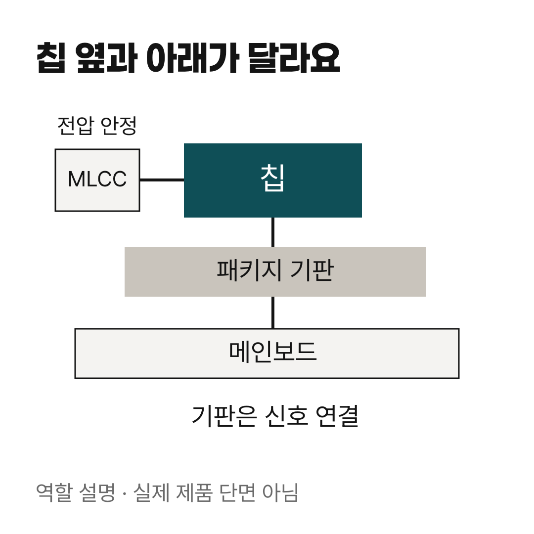 칩 옆에서 전압을 안정시키는 MLCC와 칩 아래에서 신호를 연결하는 패키지 기판의 위치·역할